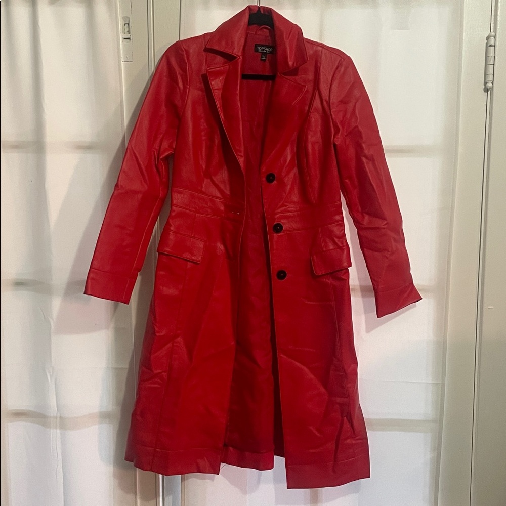 Topshop Women's Red Faux-Leather Coat